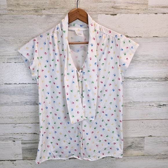 VTG 1970s Floral Bowtie Button Up Blouse Sz Small White Retro Tradwife Whimsical - Picture 10 of 16